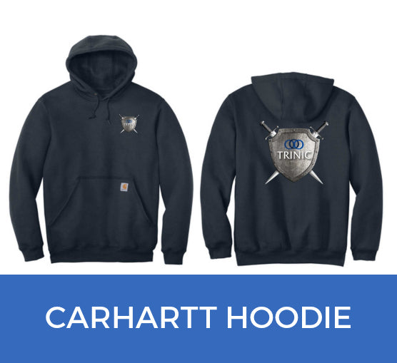 navy blue carhartt midweight hooded sweatshirt with trinic logo